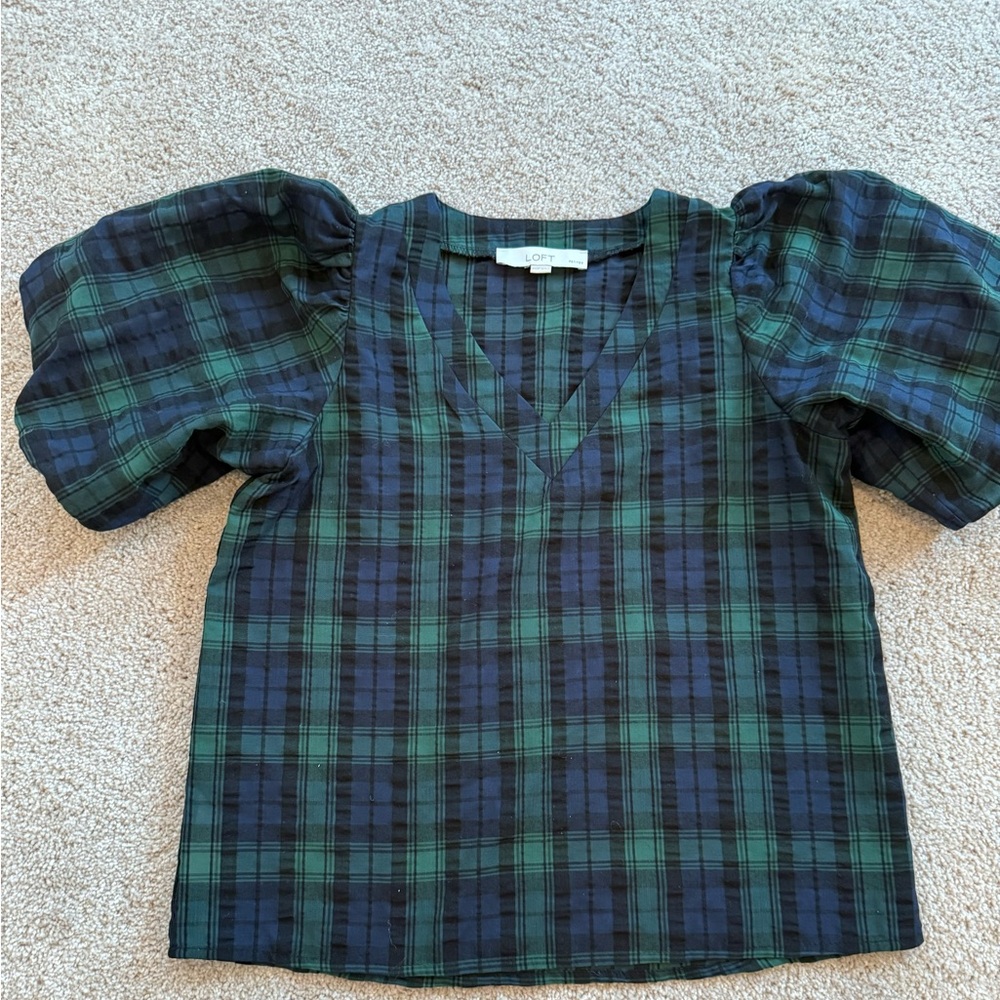 LOFT Green and Blue Plaid Blouse with Puff Sleeves